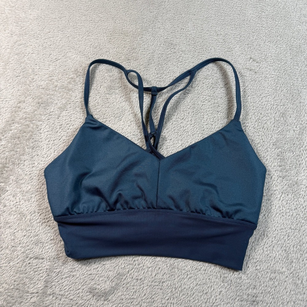 Alo Yoga Sports Bra Womens XS Anthracite Blue Strappy Mesh Trim V-Neck Yoga Gym